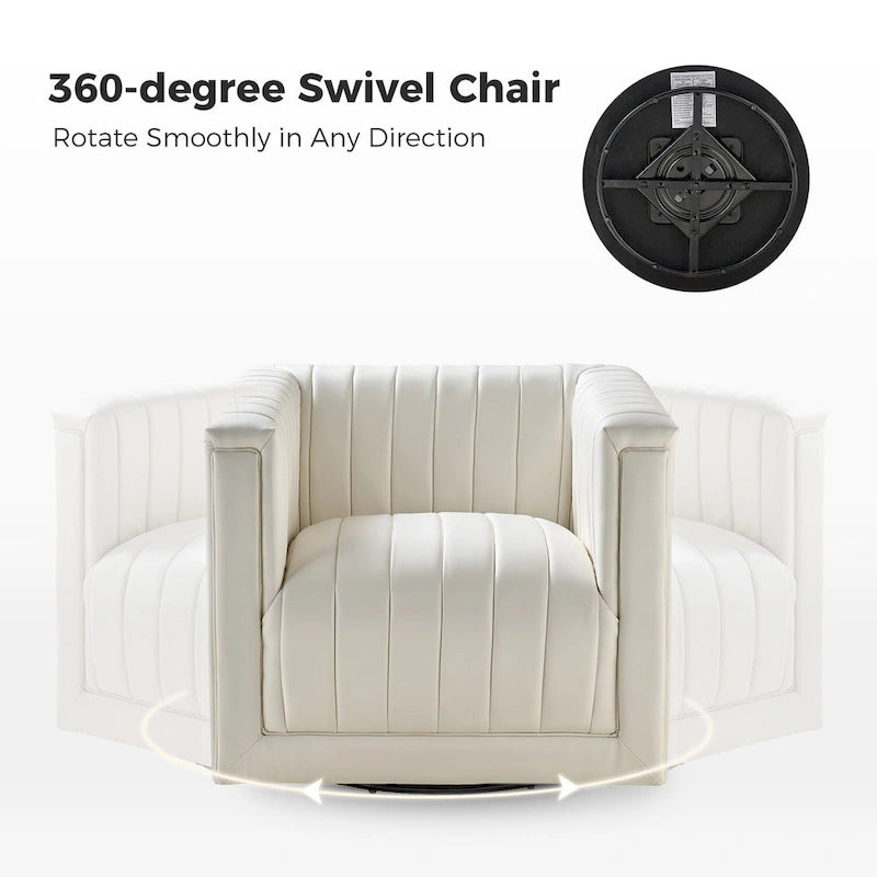PU Leather Swivel Barrel Accent Chair Vertical Channel Tufting Square Arms