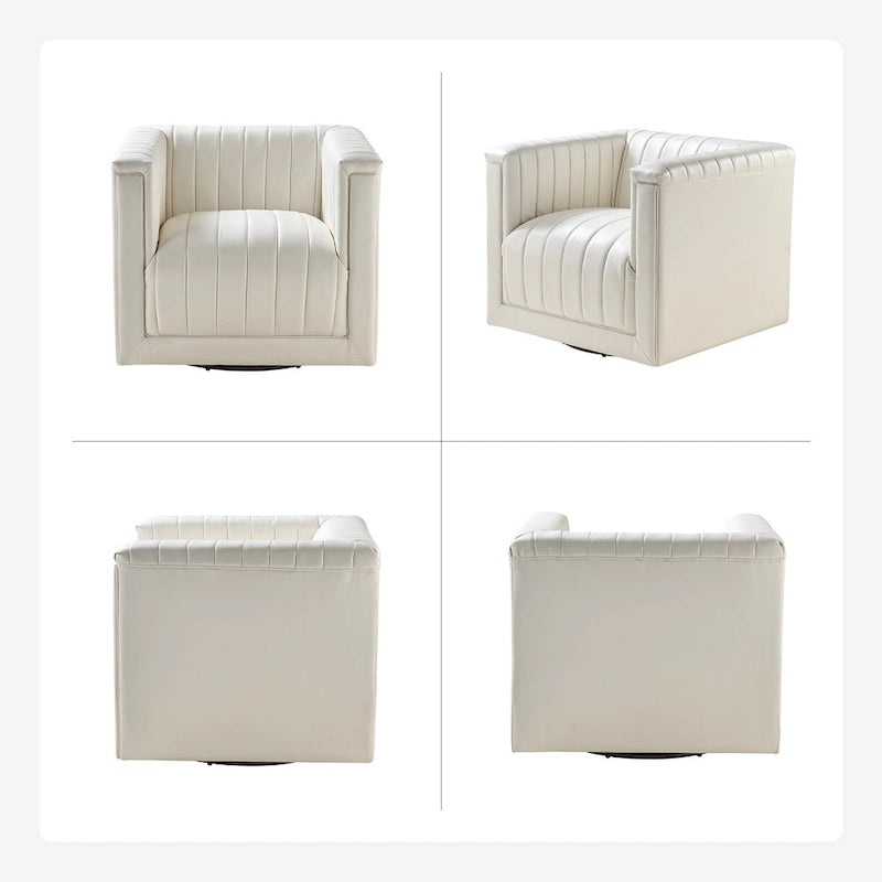 PU Leather Swivel Barrel Accent Chair Vertical Channel Tufting Square Arms