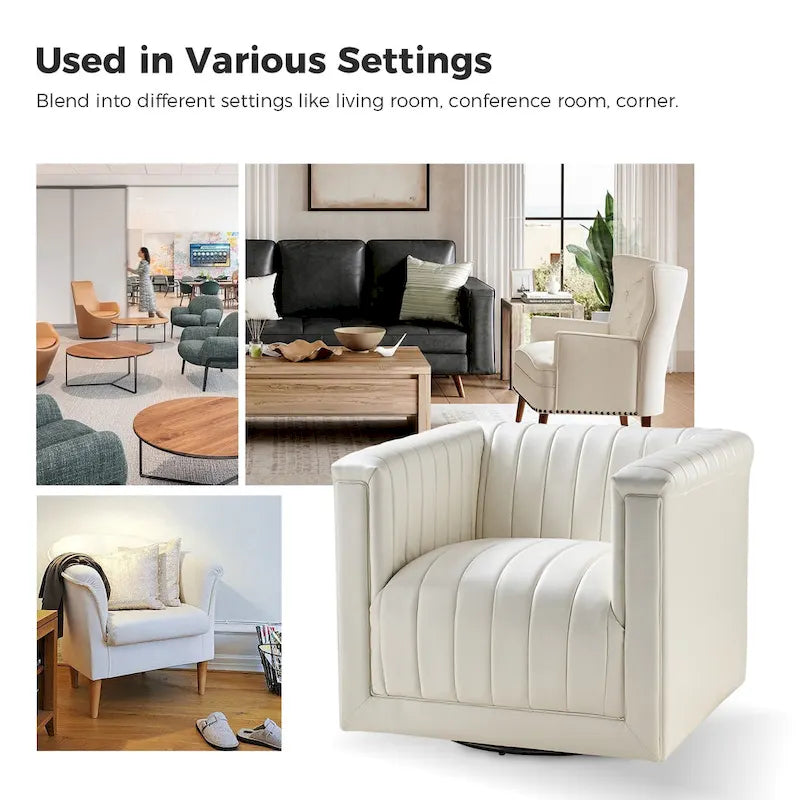 PU Leather Swivel Barrel Accent Chair Vertical Channel Tufting Square Arms