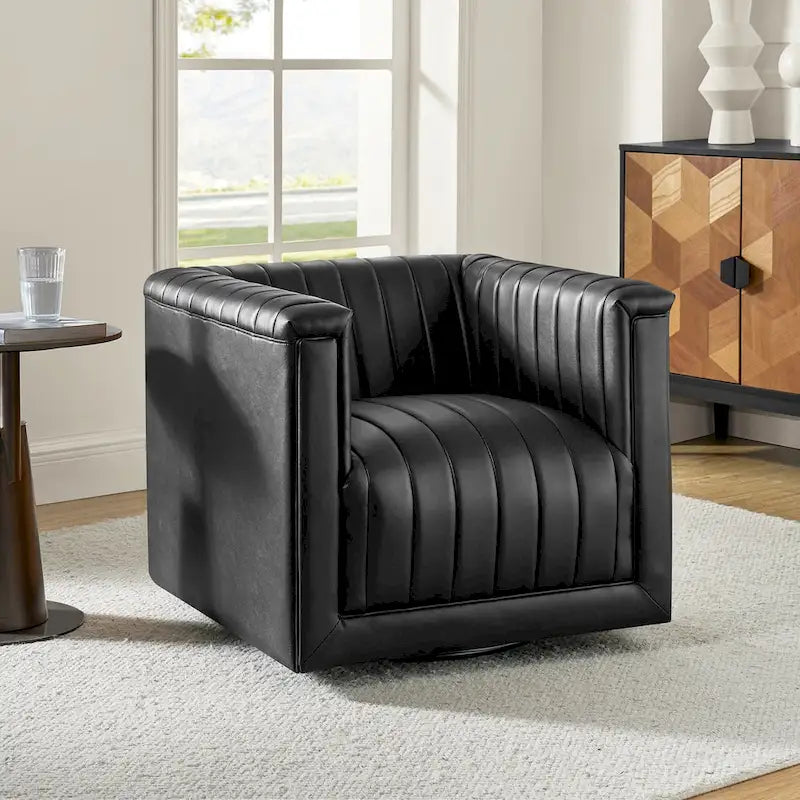 PU Leather Swivel Barrel Accent Chair Vertical Channel Tufting Square Arms