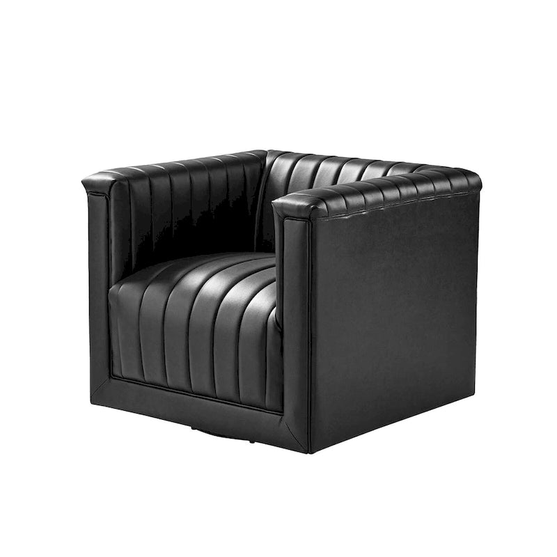 PU Leather Swivel Barrel Accent Chair Vertical Channel Tufting Square Arms