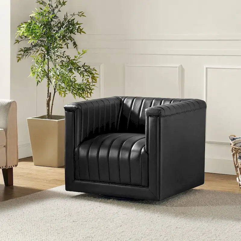 PU Leather Swivel Barrel Accent Chair Vertical Channel Tufting Square Arms