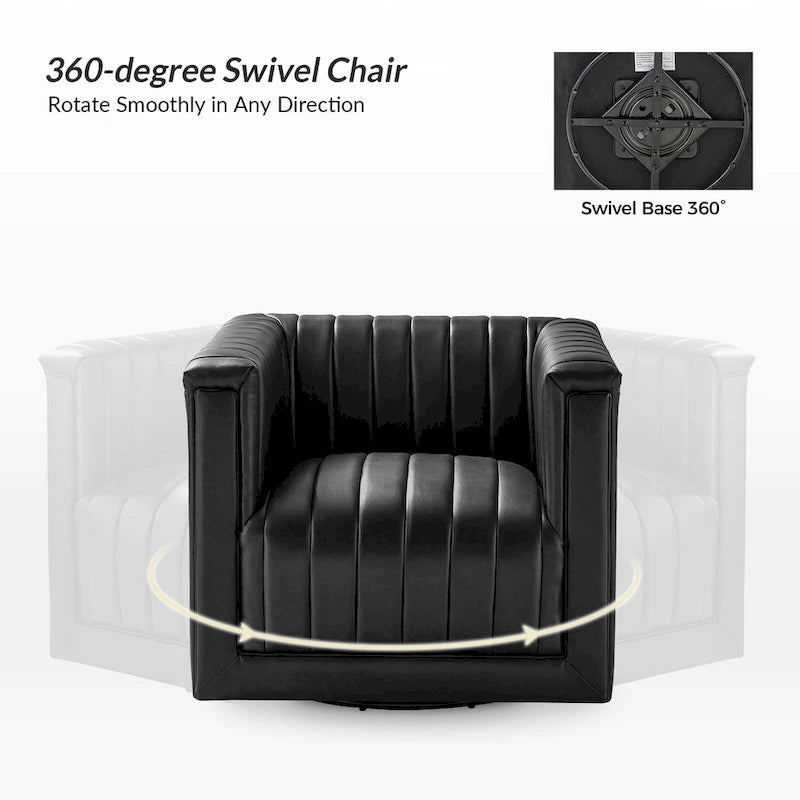 PU Leather Swivel Barrel Accent Chair Vertical Channel Tufting Square Arms