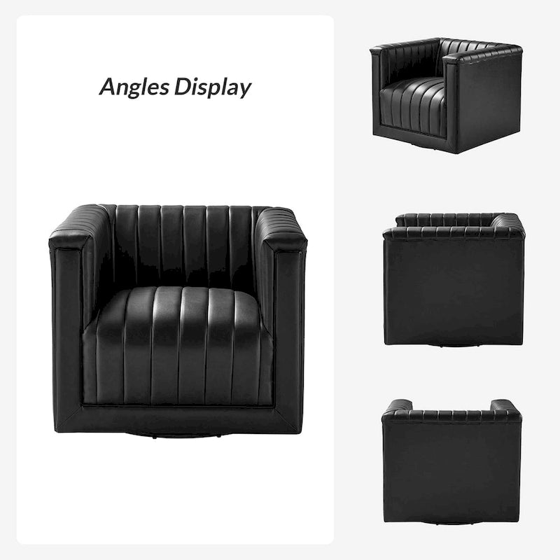 PU Leather Swivel Barrel Accent Chair Vertical Channel Tufting Square Arms