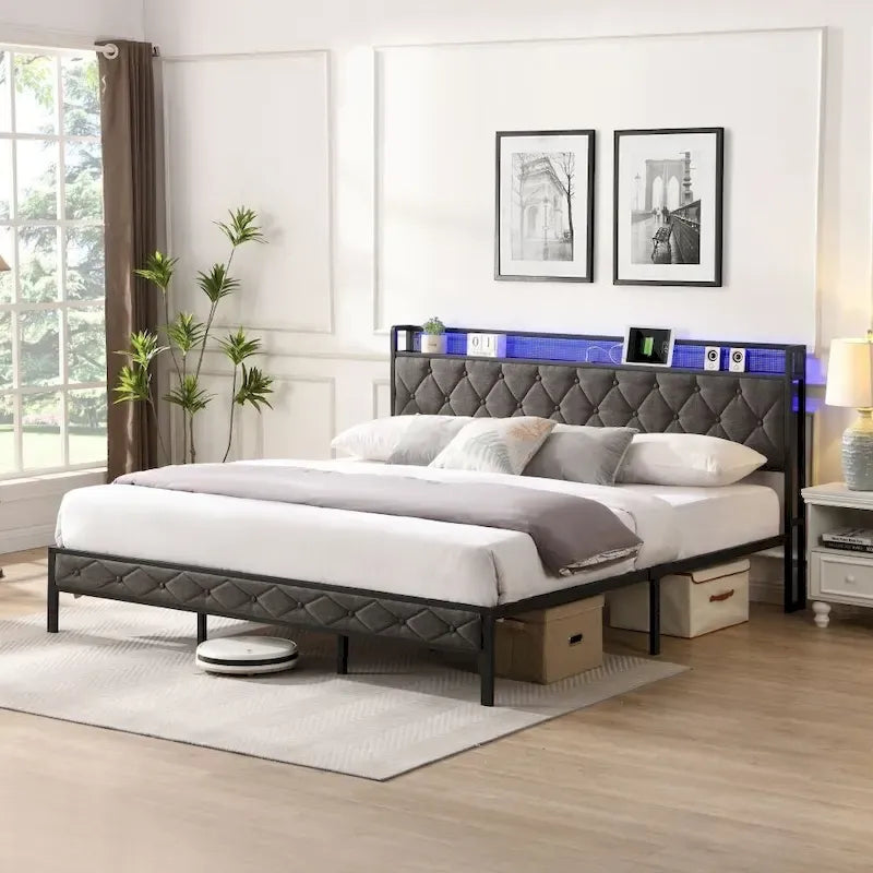 Grey Upholstered Platform Bed with LED Headboard Charging Station and Storage Shelf