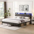 Grey Upholstered Platform Bed with LED Headboard Charging Station and Storage Shelf