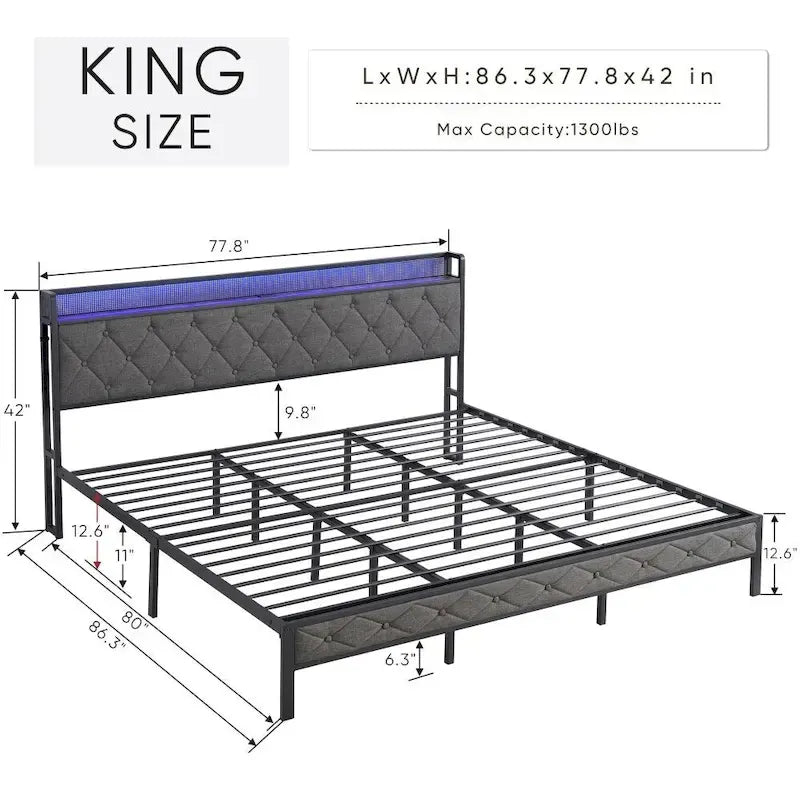 Grey Upholstered Platform Bed with LED Headboard Charging Station and Storage Shelf