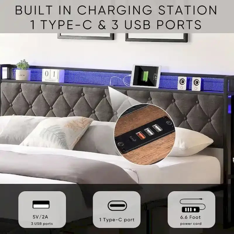 Grey Upholstered Platform Bed with LED Headboard Charging Station and Storage Shelf