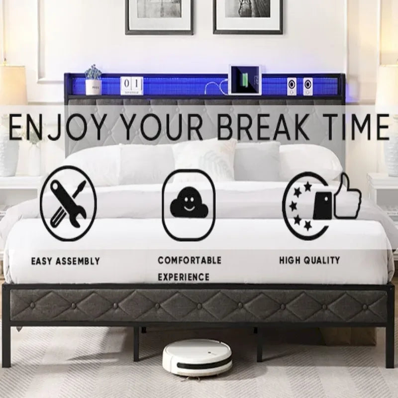Grey Upholstered Platform Bed with LED Headboard Charging Station and Storage Shelf