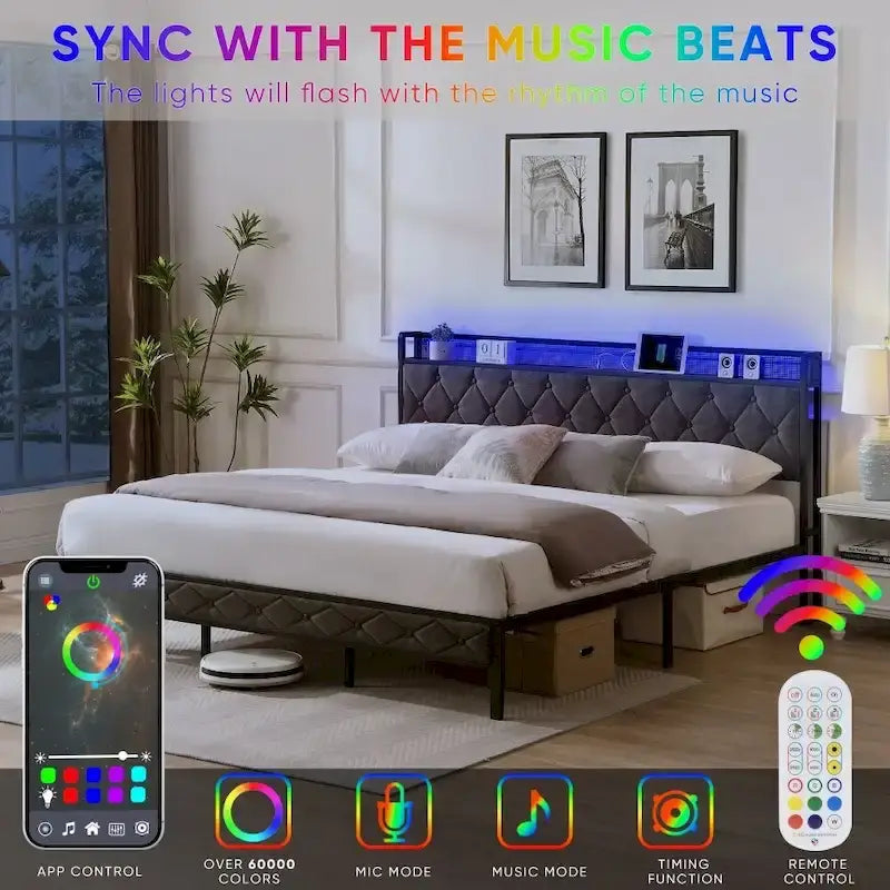 Grey Upholstered Platform Bed with LED Headboard Charging Station and Storage Shelf