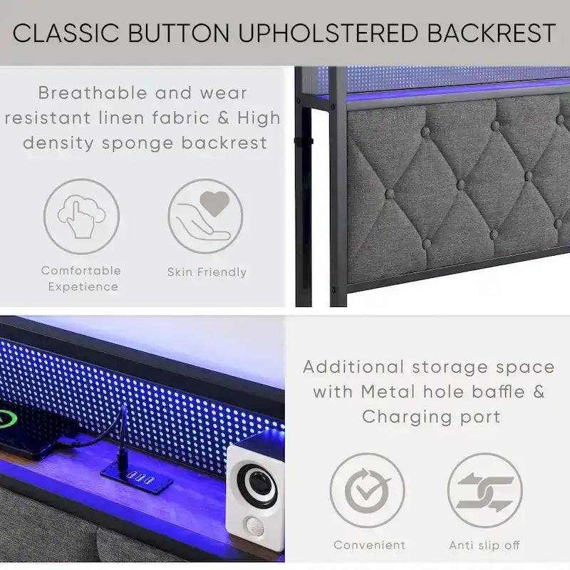 Grey Upholstered Platform Bed with LED Headboard Charging Station and Storage Shelf