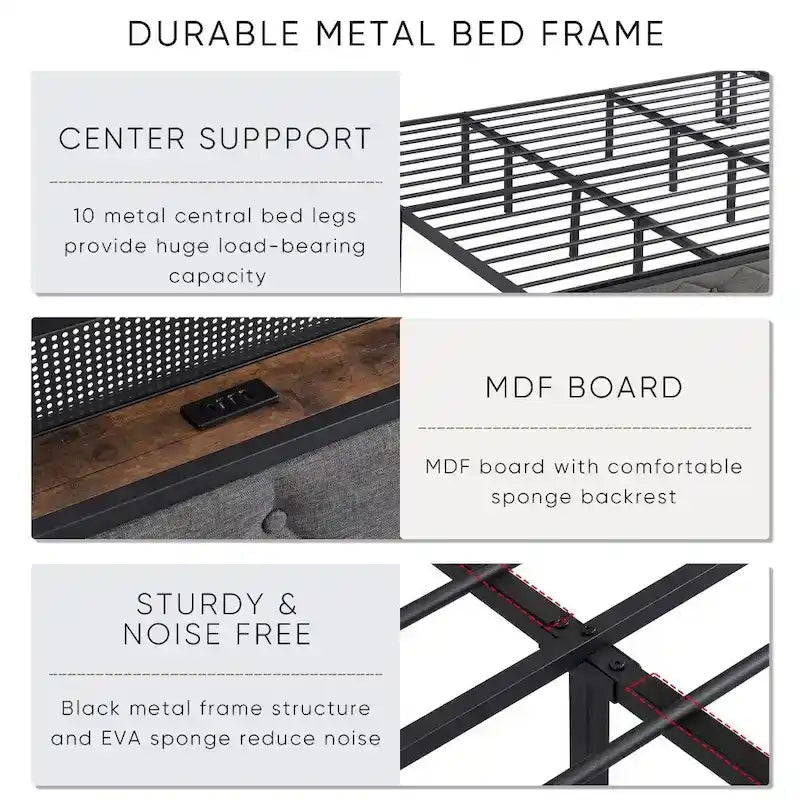 Grey Upholstered Platform Bed with LED Headboard Charging Station and Storage Shelf