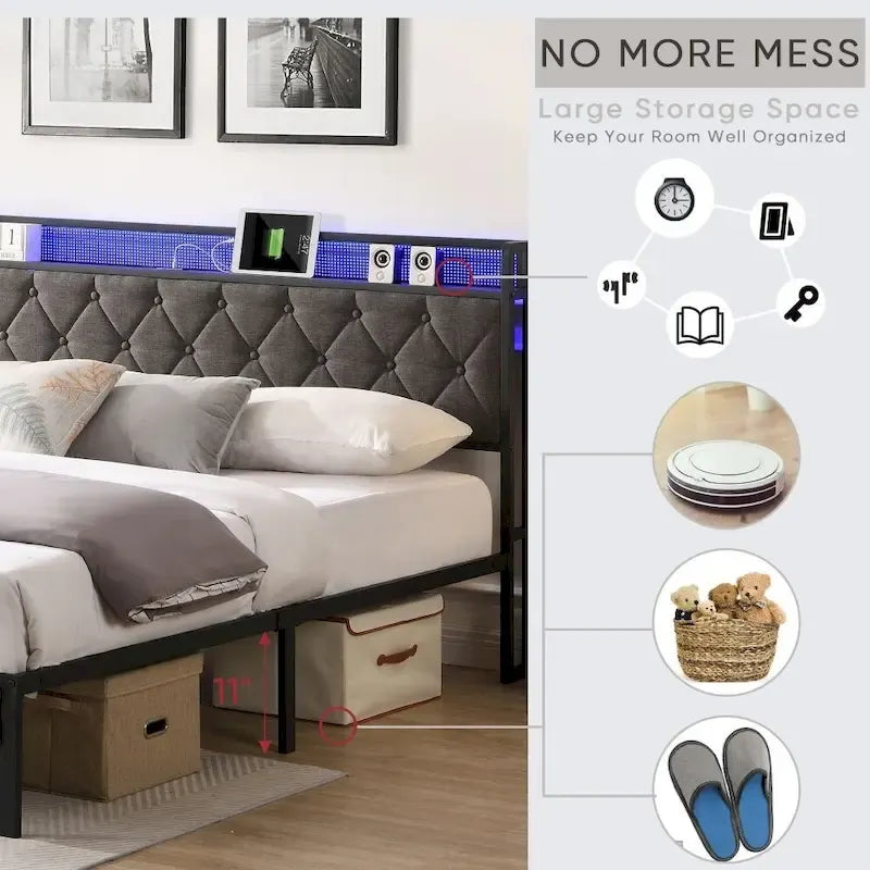 Grey Upholstered Platform Bed with LED Headboard Charging Station and Storage Shelf