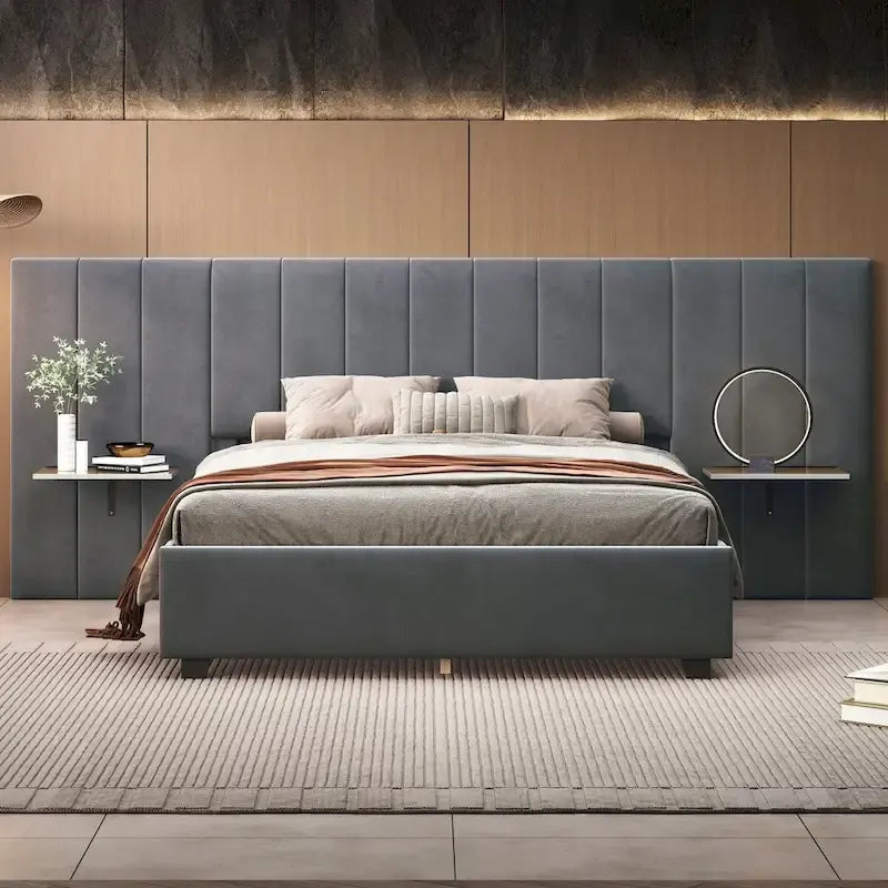 Velvet Upholstered Platform Bed Oversized Channeled Headboard with Side Shelves
