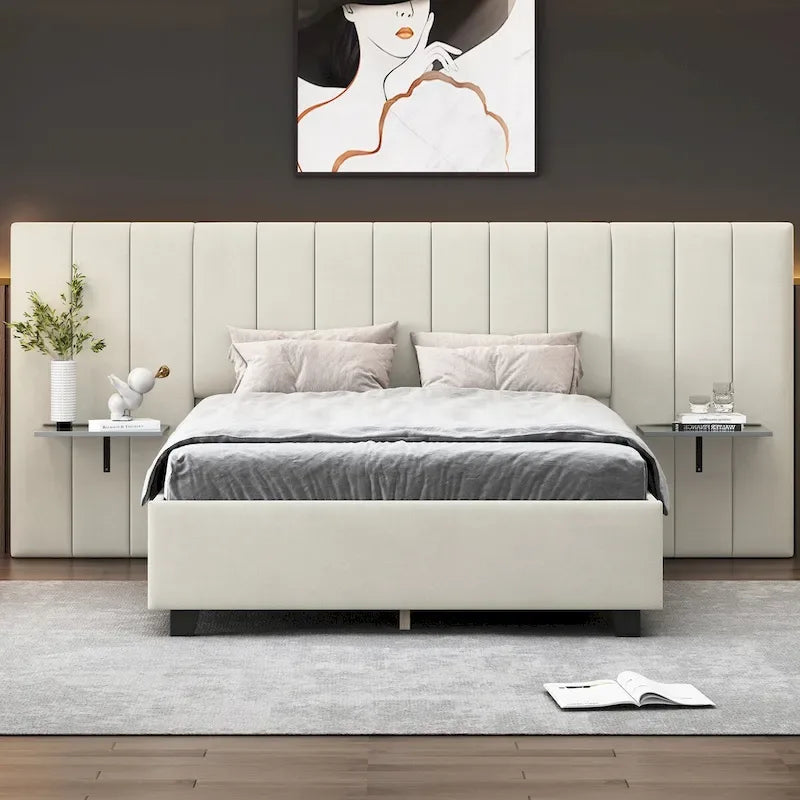 Velvet Upholstered Platform Bed Oversized Channeled Headboard with Side Shelves