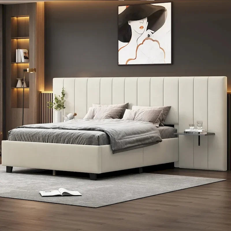 Velvet Upholstered Platform Bed Oversized Channeled Headboard with Side Shelves