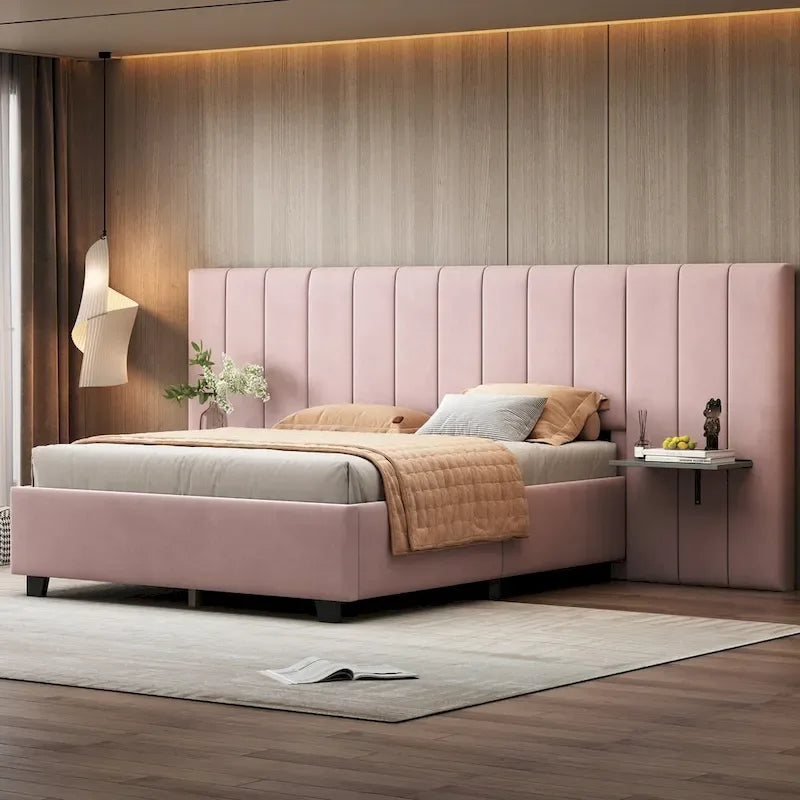 Velvet Upholstered Platform Bed Oversized Channeled Headboard with Side Shelves