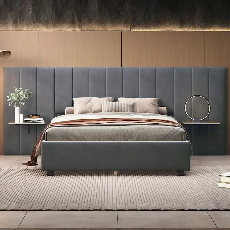 Velvet Upholstered Platform Bed Oversized Channeled Headboard with Side Shelves