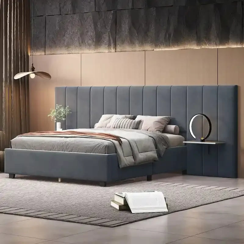 Velvet Upholstered Platform Bed Oversized Channeled Headboard with Side Shelves