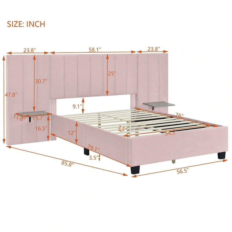 Velvet Upholstered Platform Bed Oversized Channeled Headboard with Side Shelves