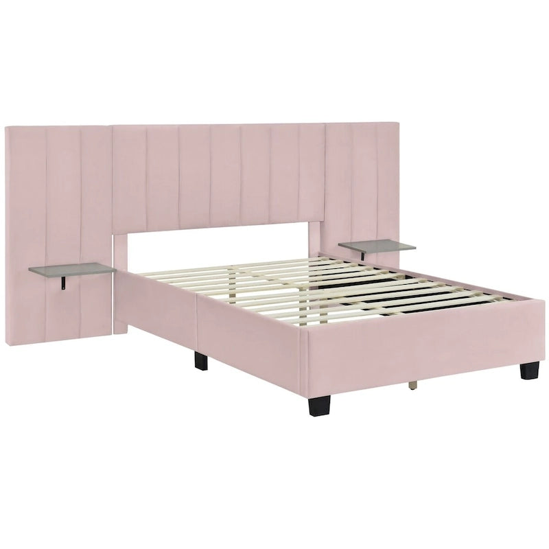 Velvet Upholstered Platform Bed Oversized Channeled Headboard with Side Shelves