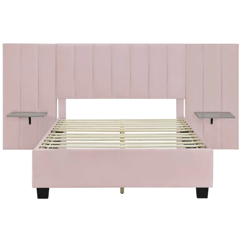 Velvet Upholstered Platform Bed Oversized Channeled Headboard with Side Shelves