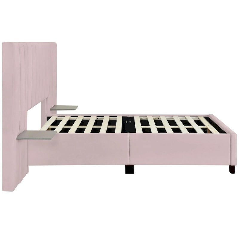 Velvet Upholstered Platform Bed Oversized Channeled Headboard with Side Shelves