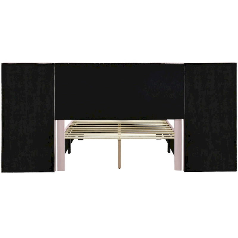 Velvet Upholstered Platform Bed Oversized Channeled Headboard with Side Shelves