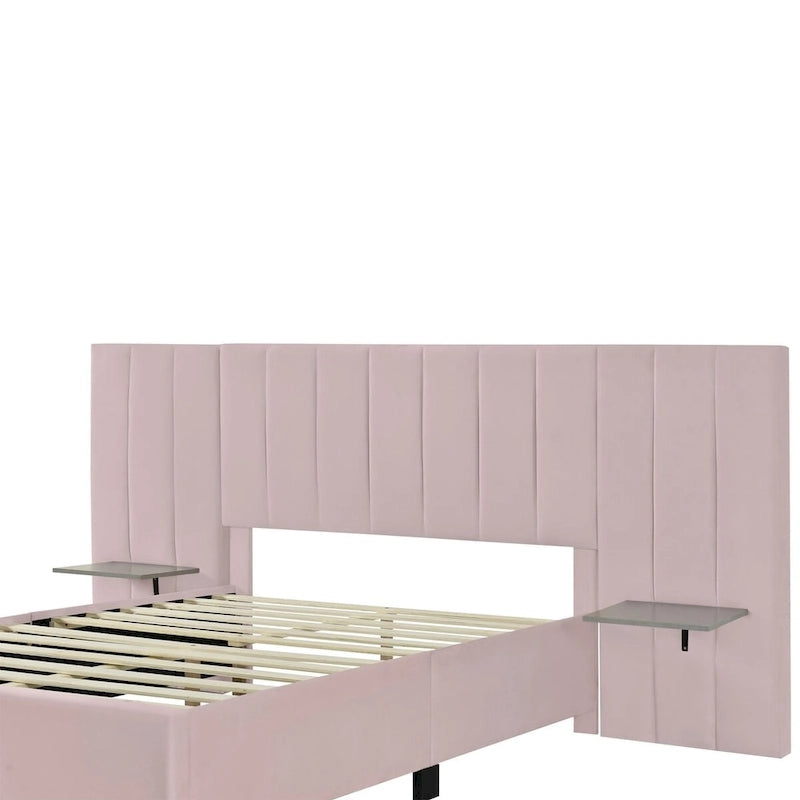 Velvet Upholstered Platform Bed Oversized Channeled Headboard with Side Shelves