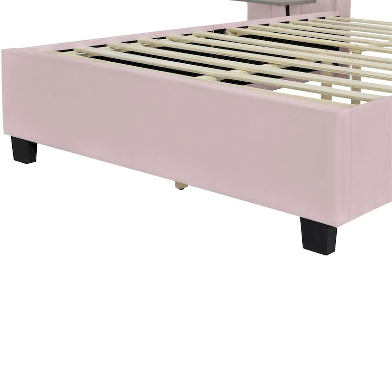 Velvet Upholstered Platform Bed Oversized Channeled Headboard with Side Shelves