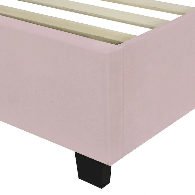 Velvet Upholstered Platform Bed Oversized Channeled Headboard with Side Shelves