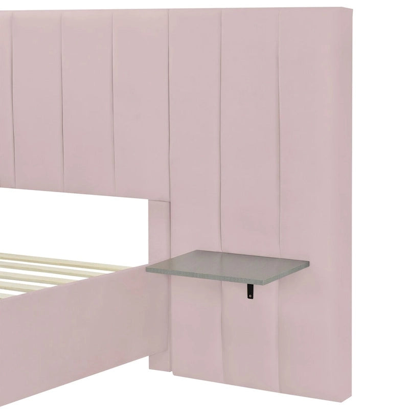 Velvet Upholstered Platform Bed Oversized Channeled Headboard with Side Shelves