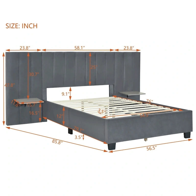 Velvet Upholstered Platform Bed Oversized Channeled Headboard with Side Shelves