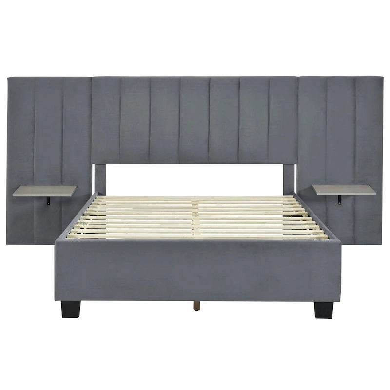 Velvet Upholstered Platform Bed Oversized Channeled Headboard with Side Shelves