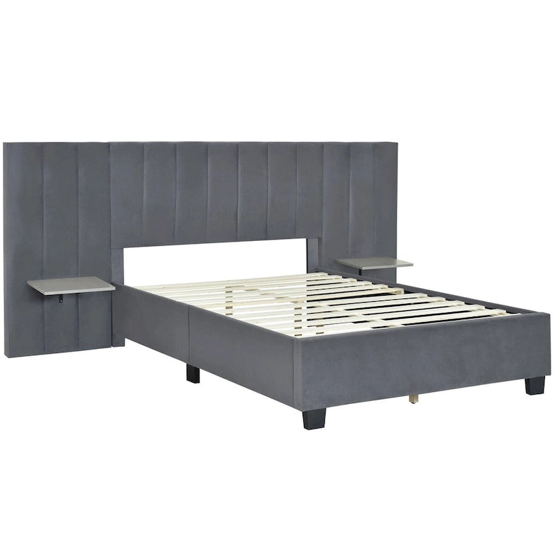 Velvet Upholstered Platform Bed Oversized Channeled Headboard with Side Shelves