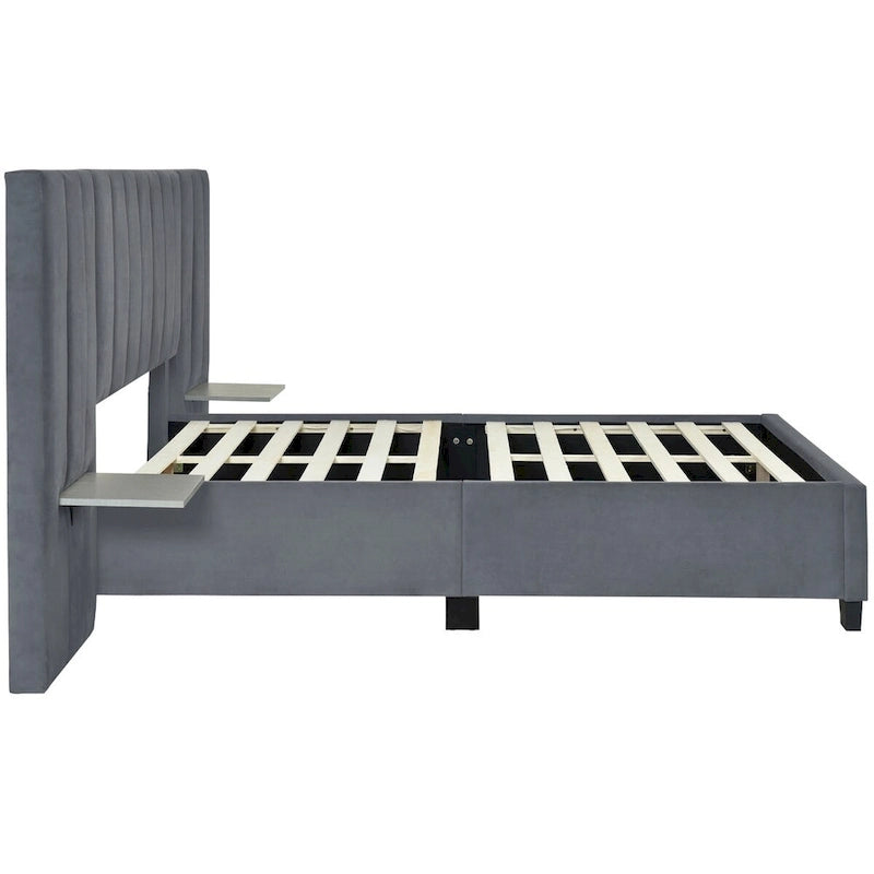 Velvet Upholstered Platform Bed Oversized Channeled Headboard with Side Shelves