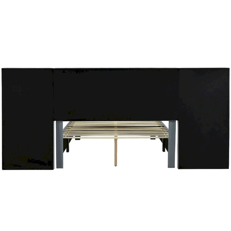 Velvet Upholstered Platform Bed Oversized Channeled Headboard with Side Shelves