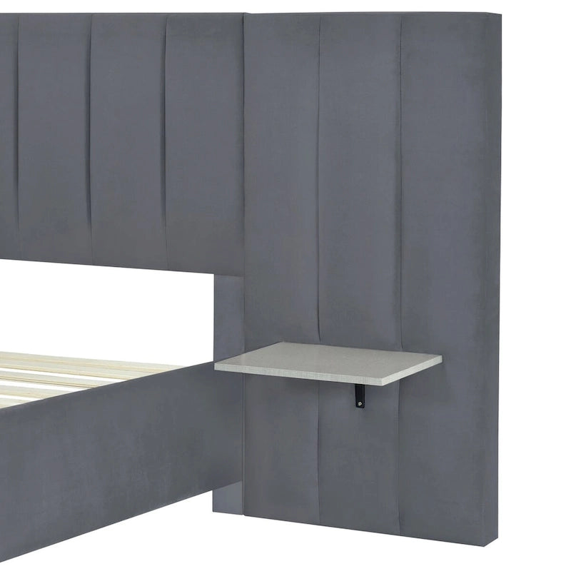 Velvet Upholstered Platform Bed Oversized Channeled Headboard with Side Shelves