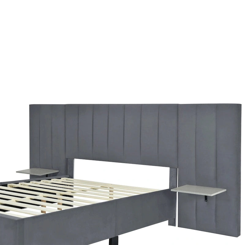 Velvet Upholstered Platform Bed Oversized Channeled Headboard with Side Shelves