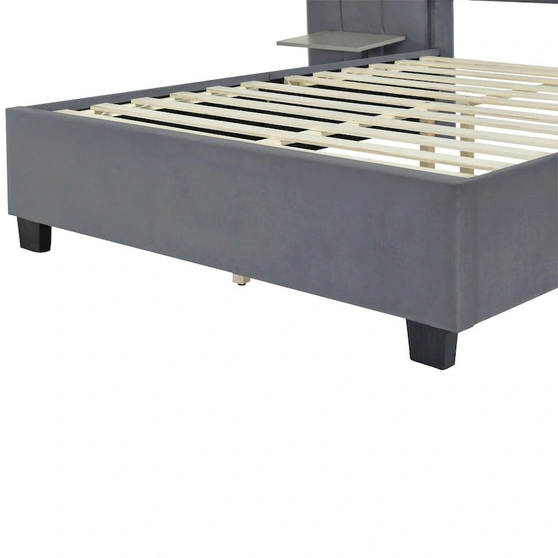 Velvet Upholstered Platform Bed Oversized Channeled Headboard with Side Shelves