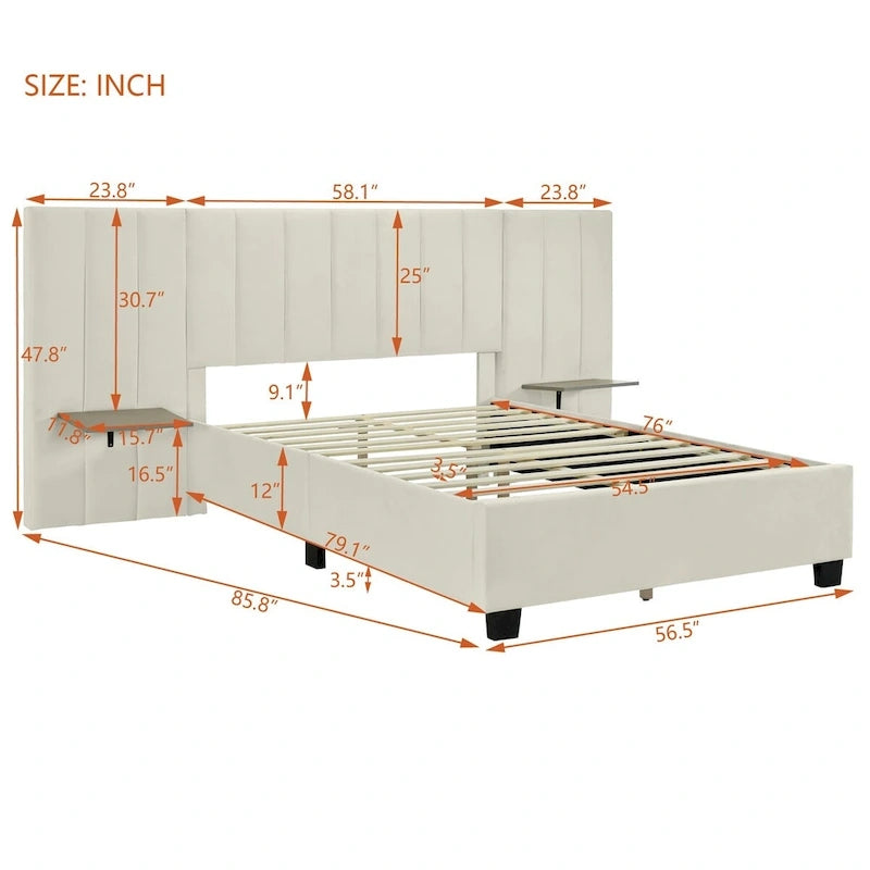 Velvet Upholstered Platform Bed Oversized Channeled Headboard with Side Shelves