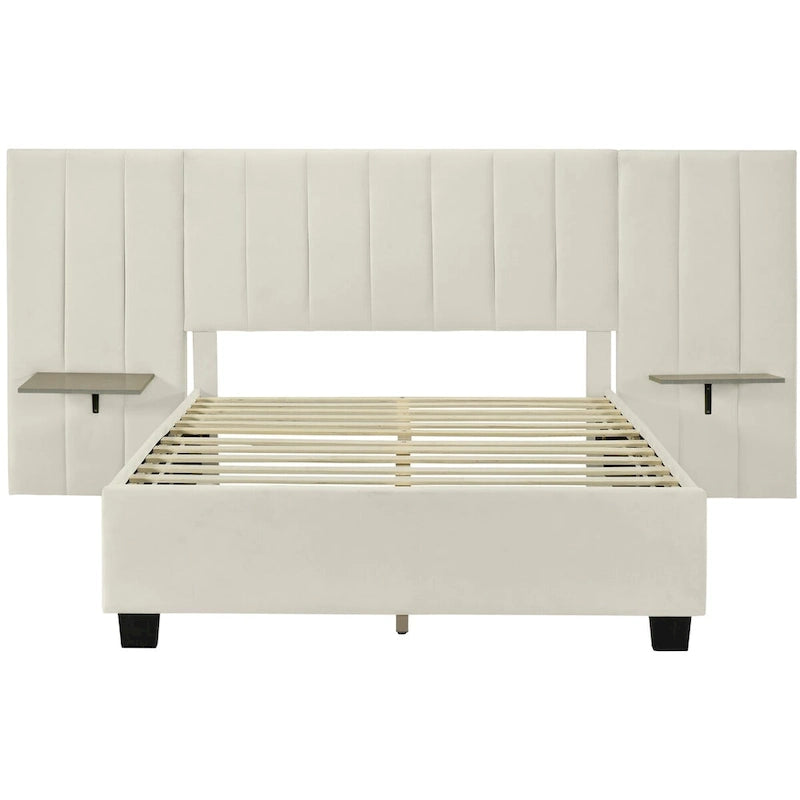 Velvet Upholstered Platform Bed Oversized Channeled Headboard with Side Shelves