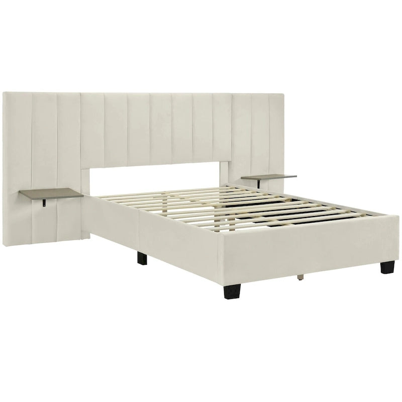 Velvet Upholstered Platform Bed Oversized Channeled Headboard with Side Shelves