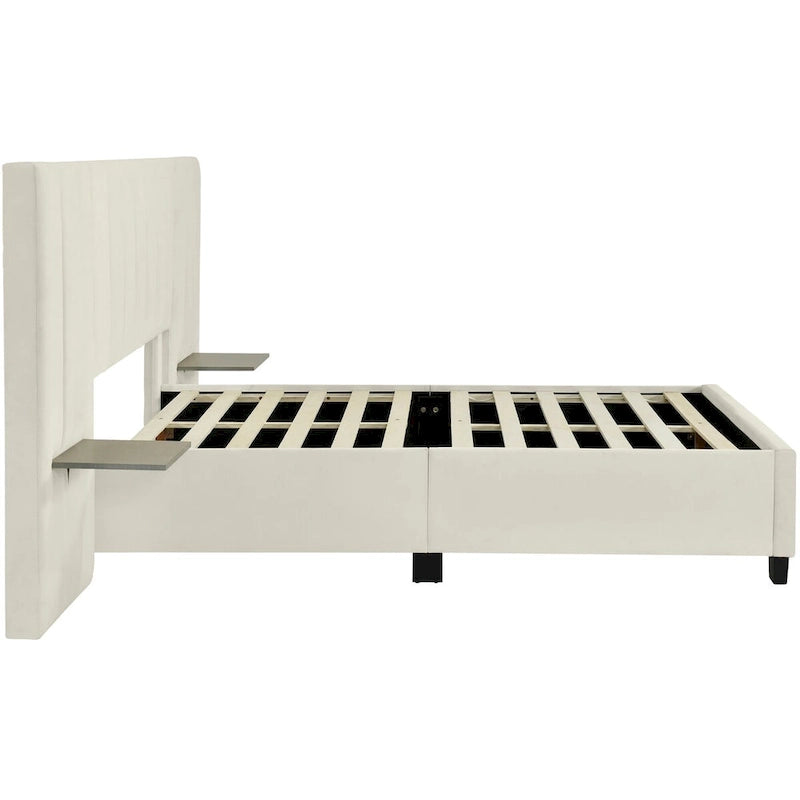 Velvet Upholstered Platform Bed Oversized Channeled Headboard with Side Shelves