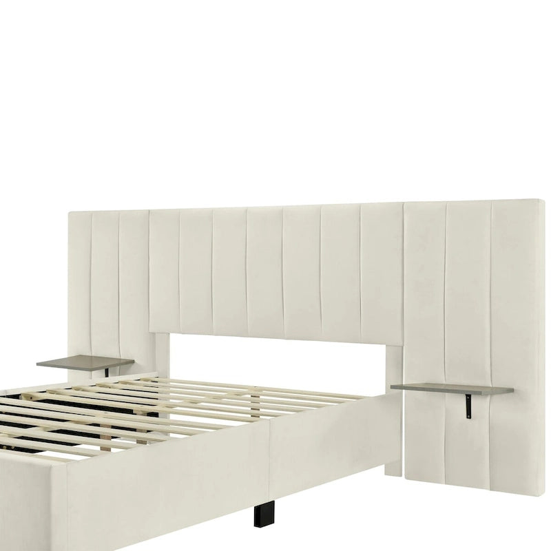 Velvet Upholstered Platform Bed Oversized Channeled Headboard with Side Shelves