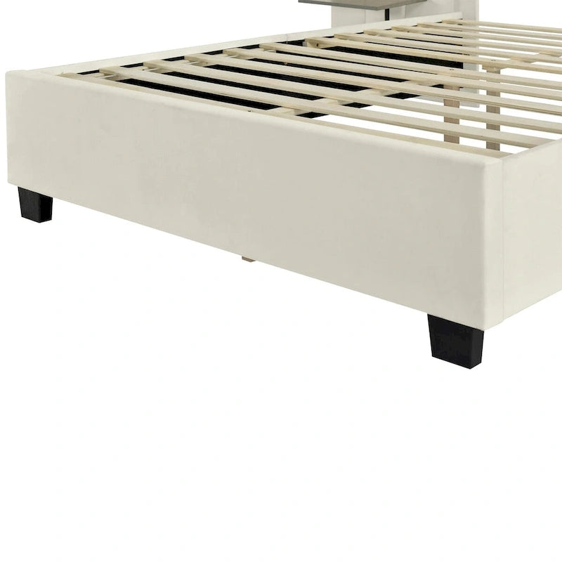 Velvet Upholstered Platform Bed Oversized Channeled Headboard with Side Shelves