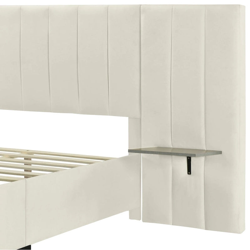 Velvet Upholstered Platform Bed Oversized Channeled Headboard with Side Shelves