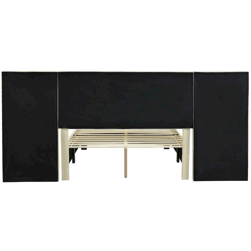 Velvet Upholstered Platform Bed Oversized Channeled Headboard with Side Shelves