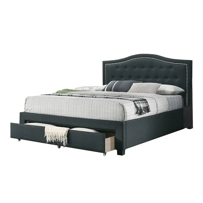 Charcoal Upholstered Platform Bed Button-Tufted Curved Headboard with Underbed Drawer