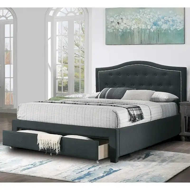 Charcoal Upholstered Platform Bed Button-Tufted Curved Headboard with Underbed Drawer